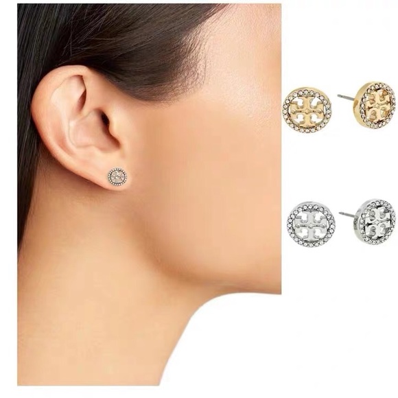 New Tory Burch Logo Circle Crystal Stud Earrings - Picture 5 of 5